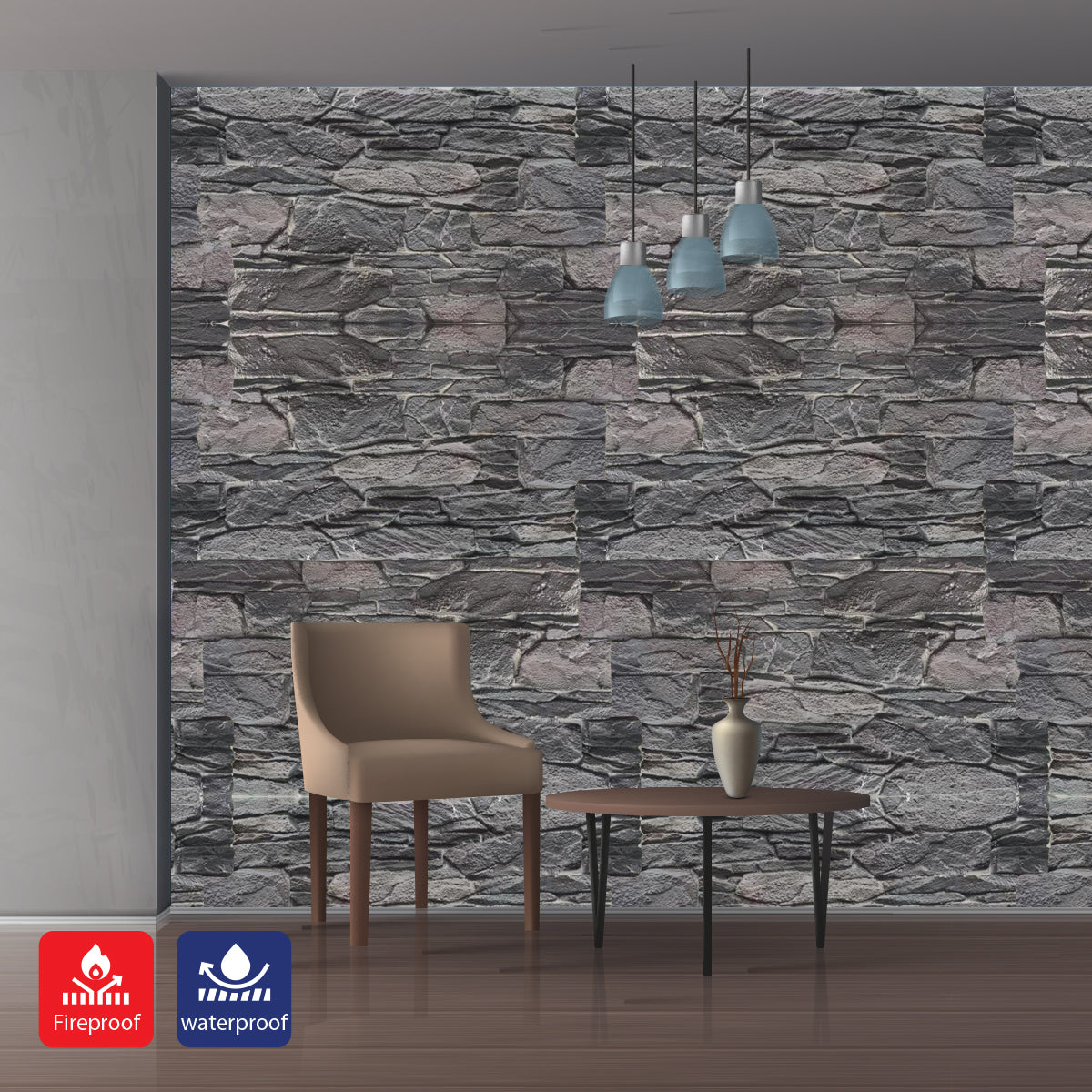 Rustic Stacked Slate PU Wall Panel, Charcoal Finish, Size:1200 x 600 x 60 mm (Pack of 2)