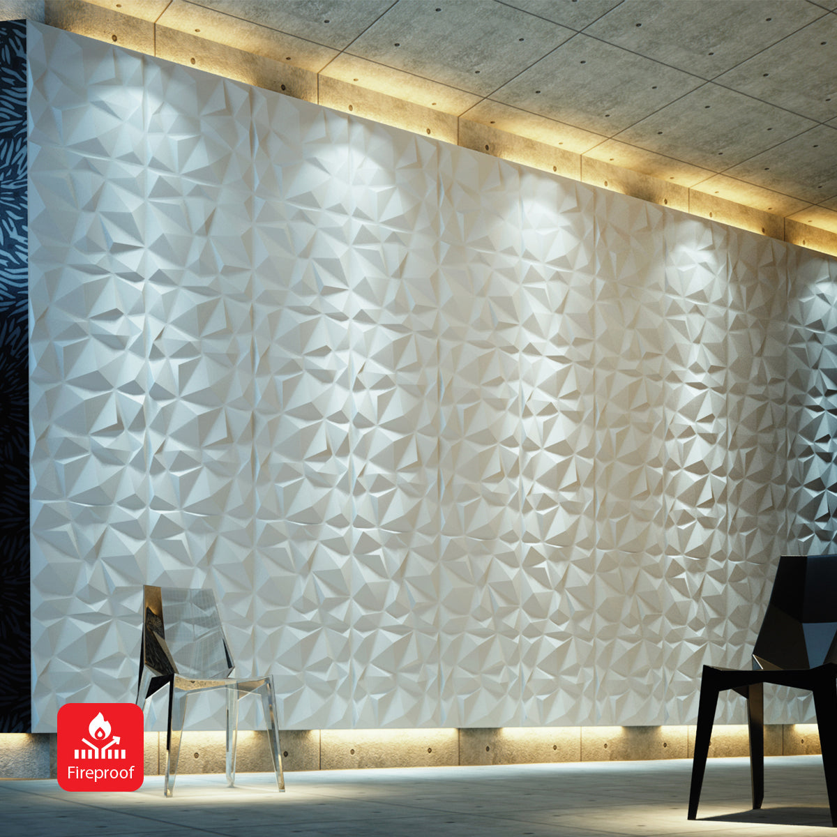 3D PVC Wall Panel, Faceted Diamond Design, White Size: 500x500x1mm | Pack of 4