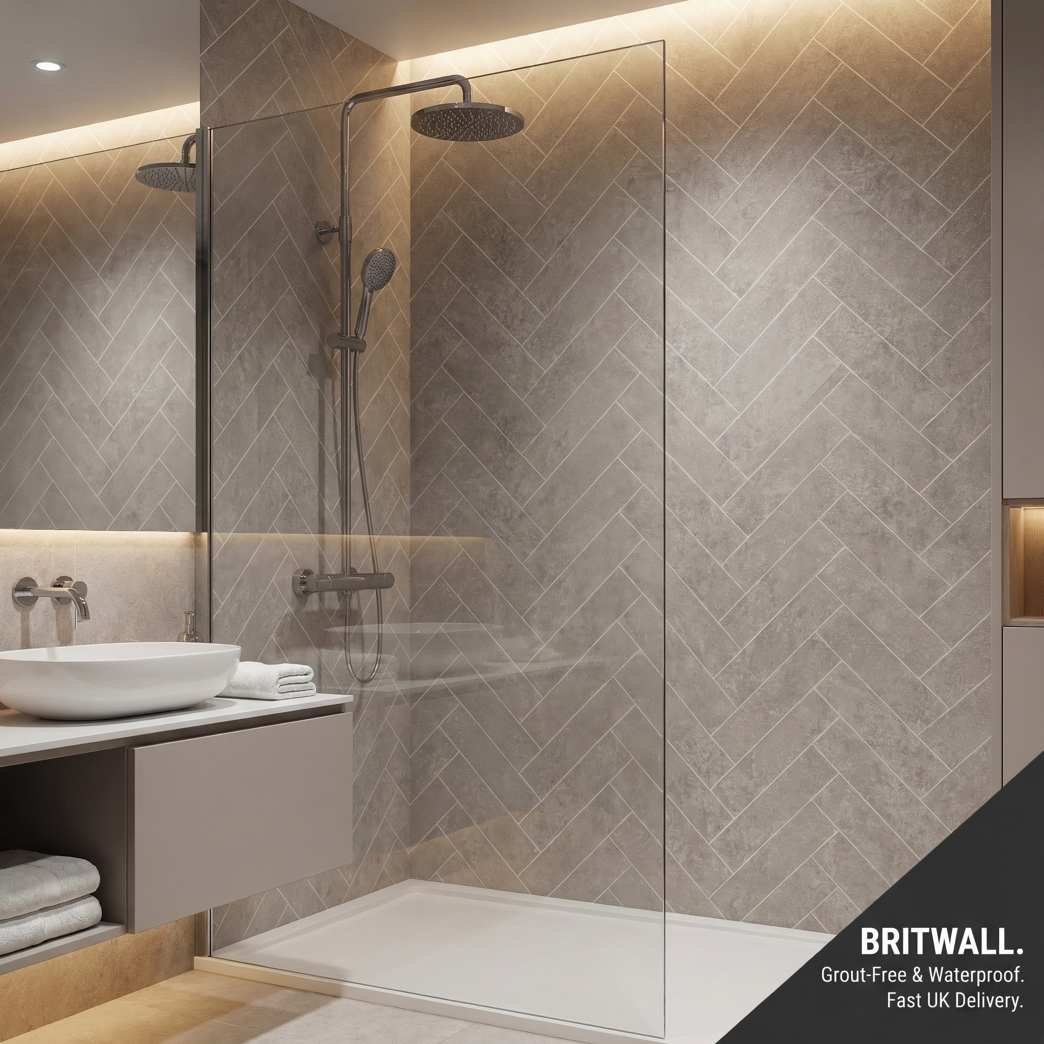 Britwall Light Beige Herringbone PVC Shower Panel Matt Finish – Light Beige Herringbone