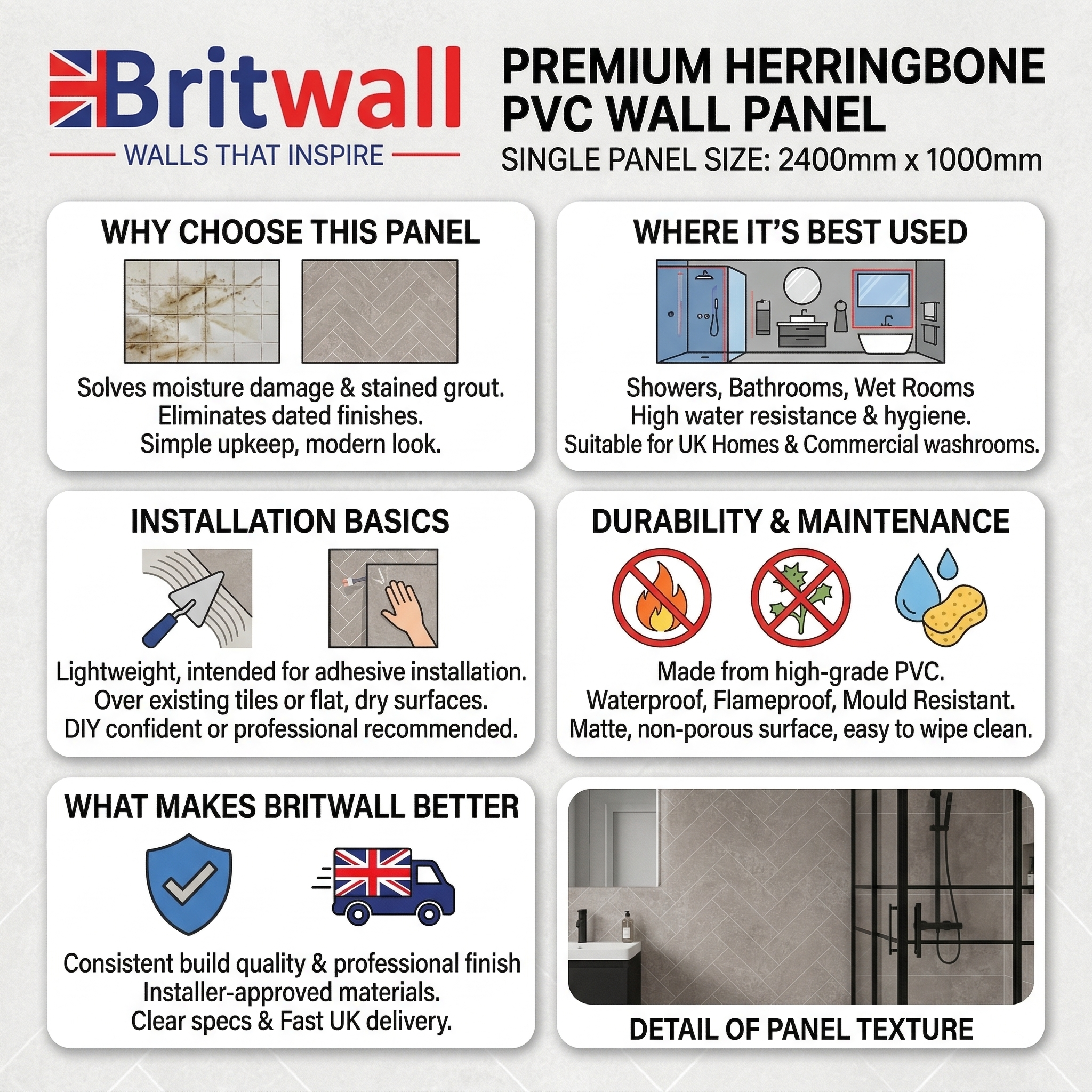 Britwall Light Beige Herringbone PVC Shower Panel Matt Finish – Light Beige Herringbone