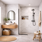 Modern bathroom with pvc wall panel, wooden vanity, and shower area.
