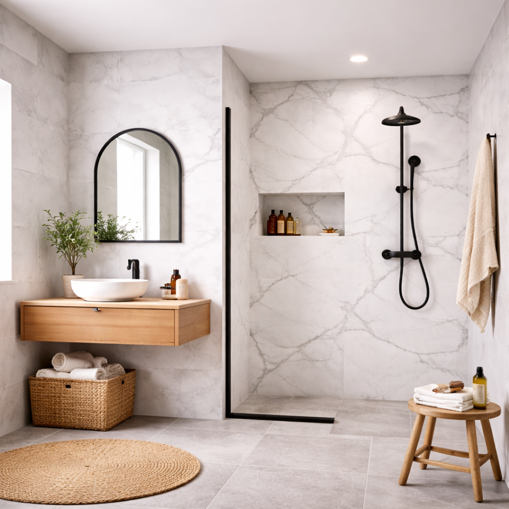 Modern bathroom with pvc wall panel, wooden vanity, and shower area.