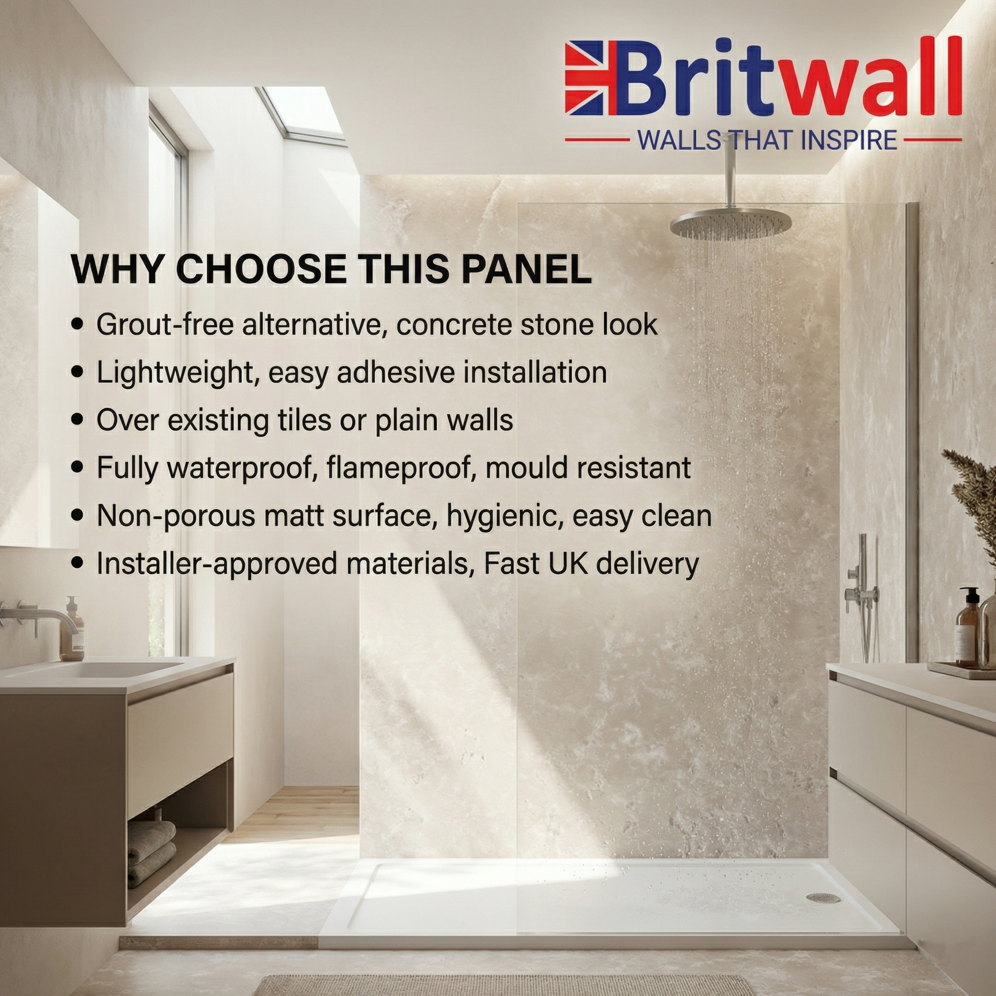 Britwall Concrete Beige Matt PVC Shower Panel – Matt Finish Beige