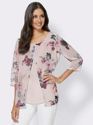 FusionFable Pink Printed Solid Double Top