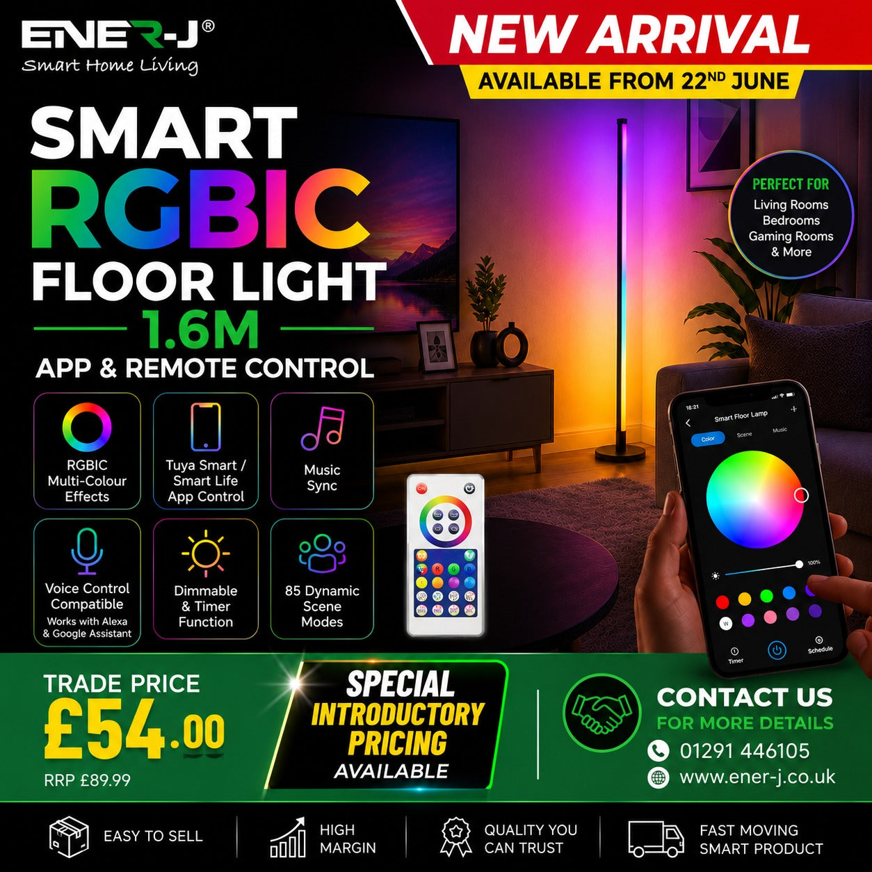 Ener-J Smart RGBIC Floor Light APP Control 1.6M LED Corner Lamp with Remote & Music Sync