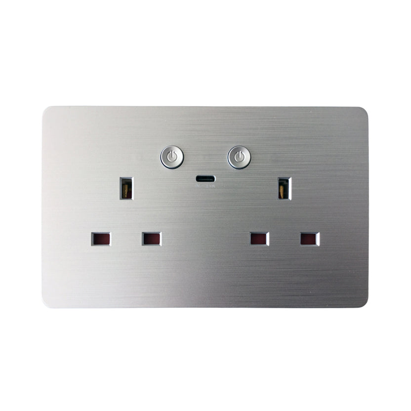 Brushed silver smart WiFi double wall socket with USB port