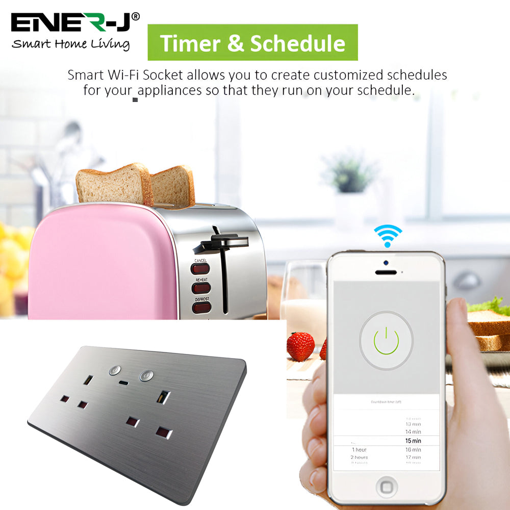 ENER-J Smart WiFi 13A Double Wall Socket with App Control, Individual Timers, 2.1A USB-C Charging Port & LED Indicator, Silver Brushed Finish Remote Smart Home Power Outlet