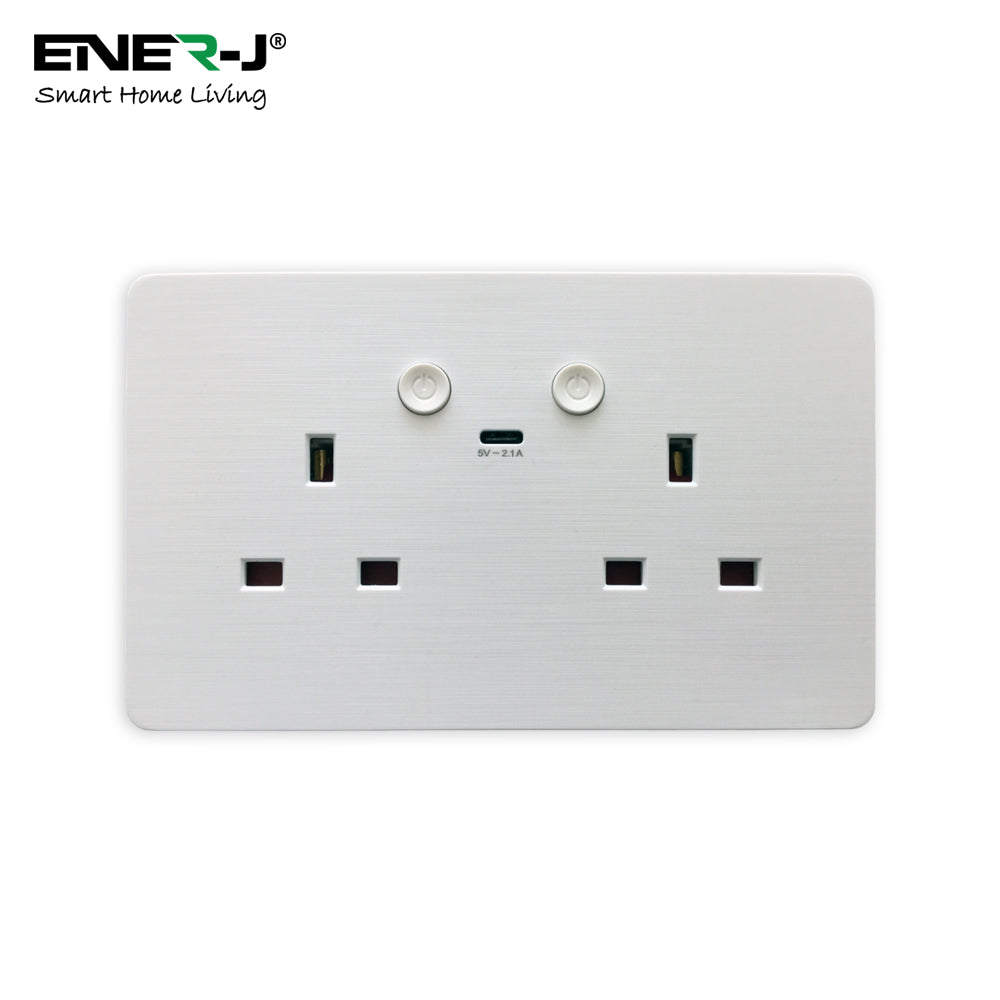 ENER-J Smart WiFi 13A Twin Wall Socket with App Control, Individual Timers, LED Push Buttons & 2.1A USB Charging, White Double Power Socket for Home & Office Automation