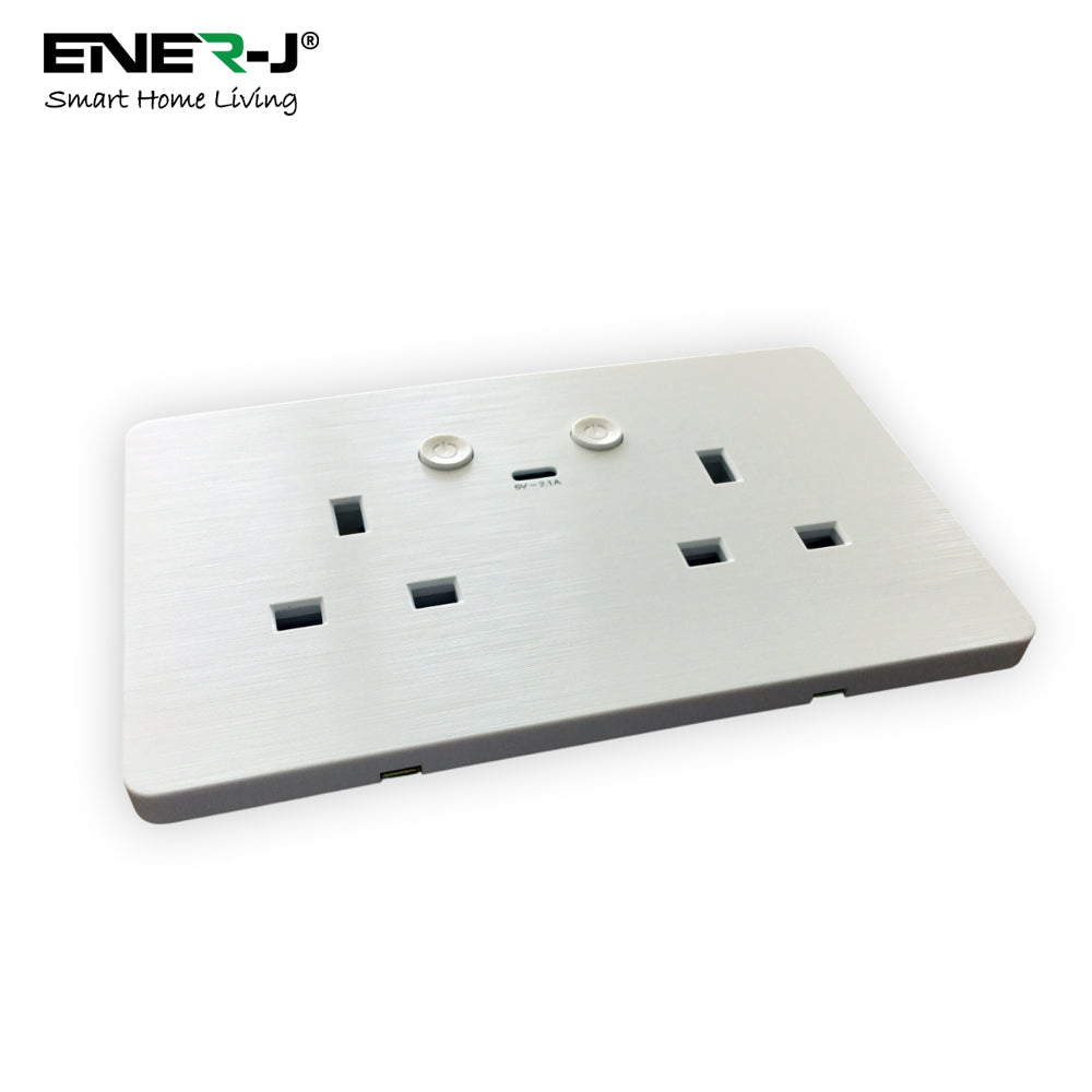 ENER-J Smart WiFi 13A Twin Wall Socket with App Control, Individual Timers, LED Push Buttons & 2.1A USB Charging, White Double Power Socket for Home & Office Automation