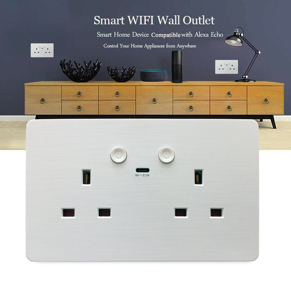 ENER-J Smart WiFi 13A Twin Wall Socket with App Control, Individual Timers, LED Push Buttons & 2.1A USB Charging, White Double Power Socket for Home & Office Automation