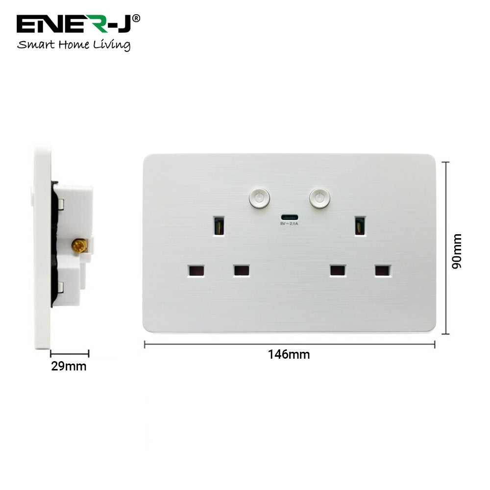 ENER-J Smart WiFi 13A Twin Wall Socket with App Control, Individual Timers, LED Push Buttons & 2.1A USB Charging, White Double Power Socket for Home & Office Automation