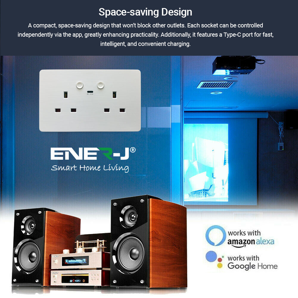 ENER-J Smart WiFi 13A Twin Wall Socket with App Control, Individual Timers, LED Push Buttons & 2.1A USB Charging, White Double Power Socket for Home & Office Automation