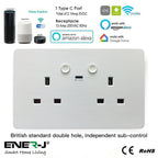 ENER-J Smart WiFi 13A Twin Wall Socket with App Control, Individual Timers, LED Push Buttons & 2.1A USB Charging, White Double Power Socket for Home & Office Automation