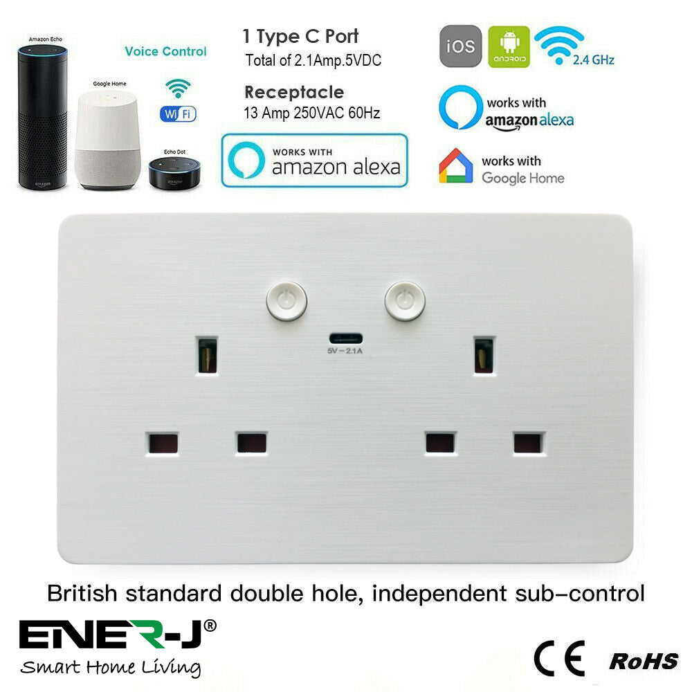 ENER-J Smart WiFi 13A Twin Wall Socket with App Control, Individual Timers, LED Push Buttons & 2.1A USB Charging, White Double Power Socket for Home & Office Automation