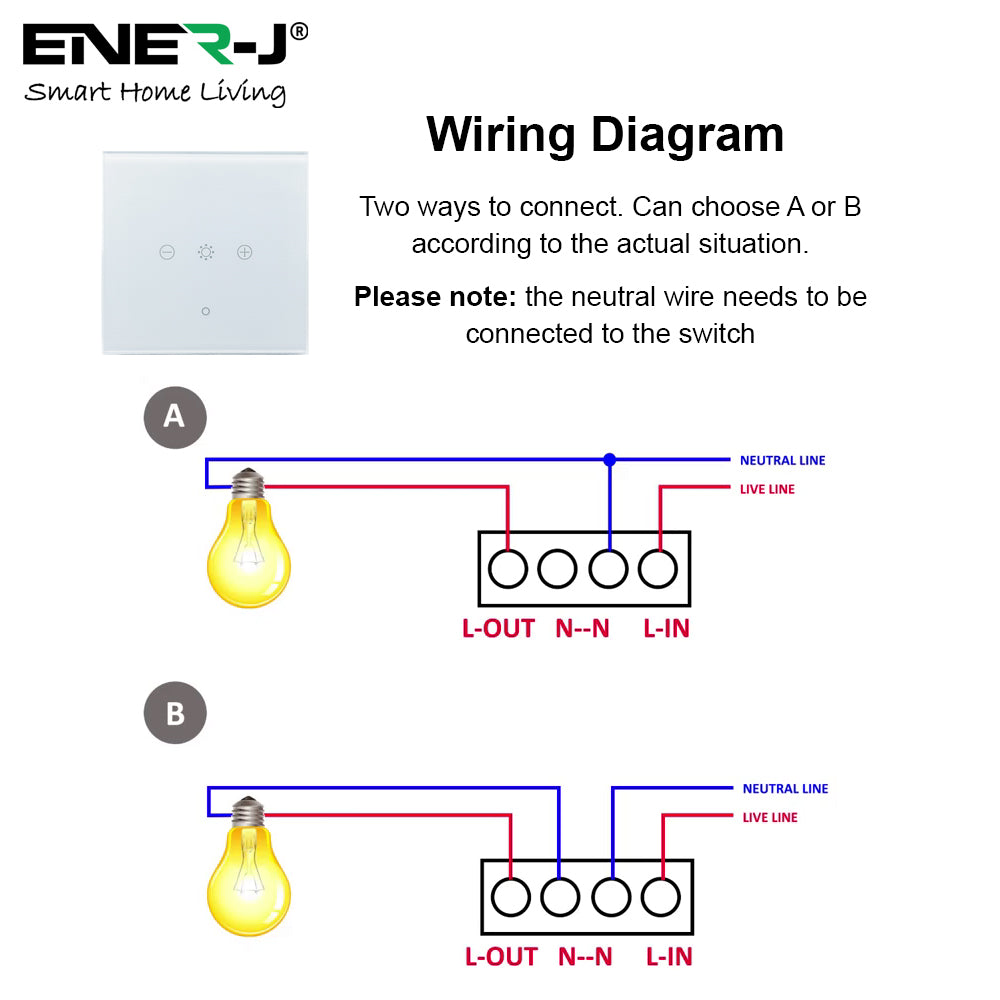 EnerJ WiFi+RF Smart 1 Gang Dimmable Touch Light Switch, White Alexa & Google Compatible, App Control, 1/2-Way with Wireless Kinetic Switches