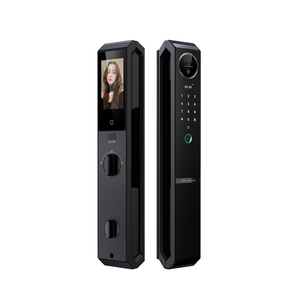 Smart Doorlock With Peephole Camera, Works with fingerprint, Passcodes, APP control, RFID Cards & Mechanical Keys, Black housing, IP65