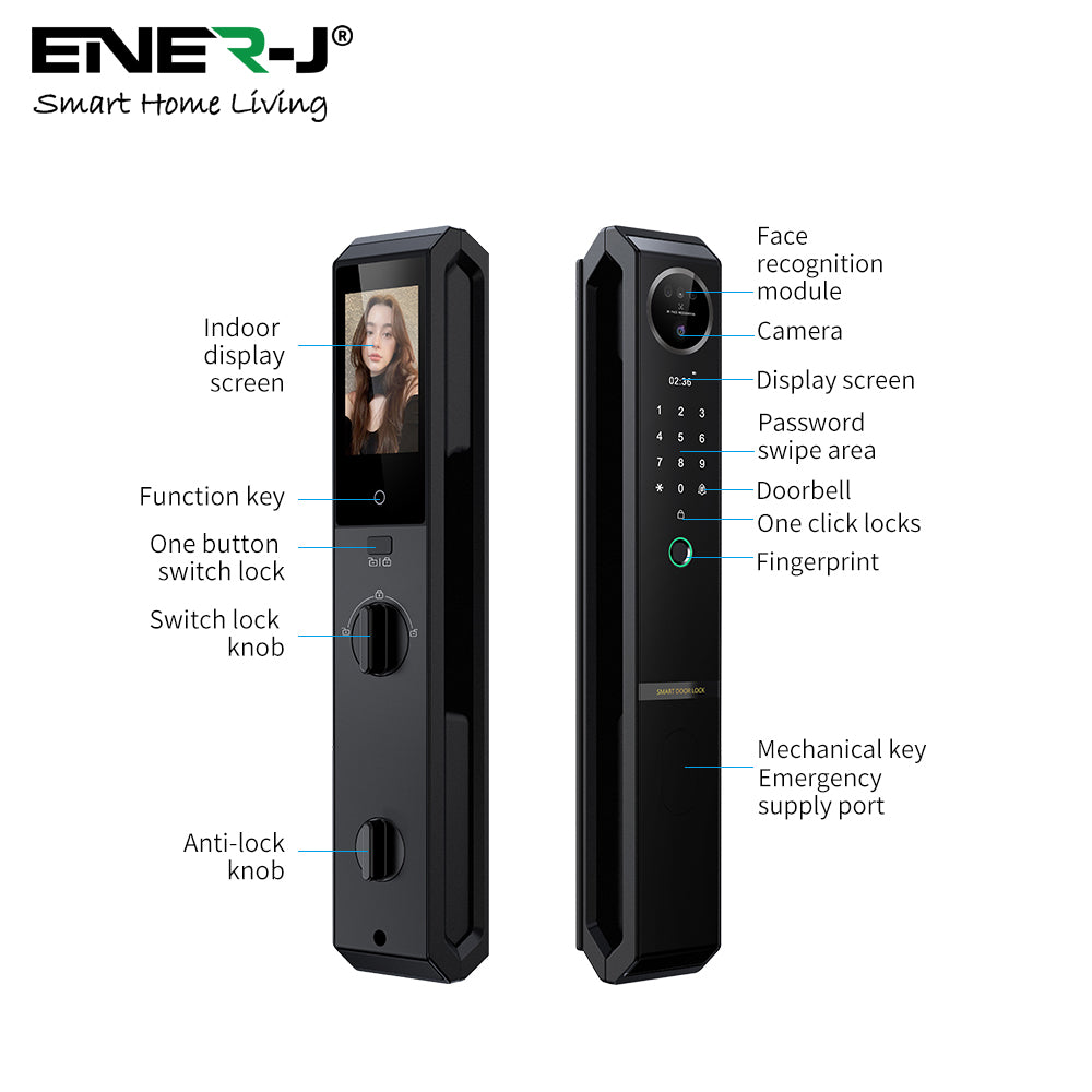 Smart Doorlock With Peephole Camera, Works with fingerprint, Passcodes, APP control, RFID Cards & Mechanical Keys, Black housing, IP65
