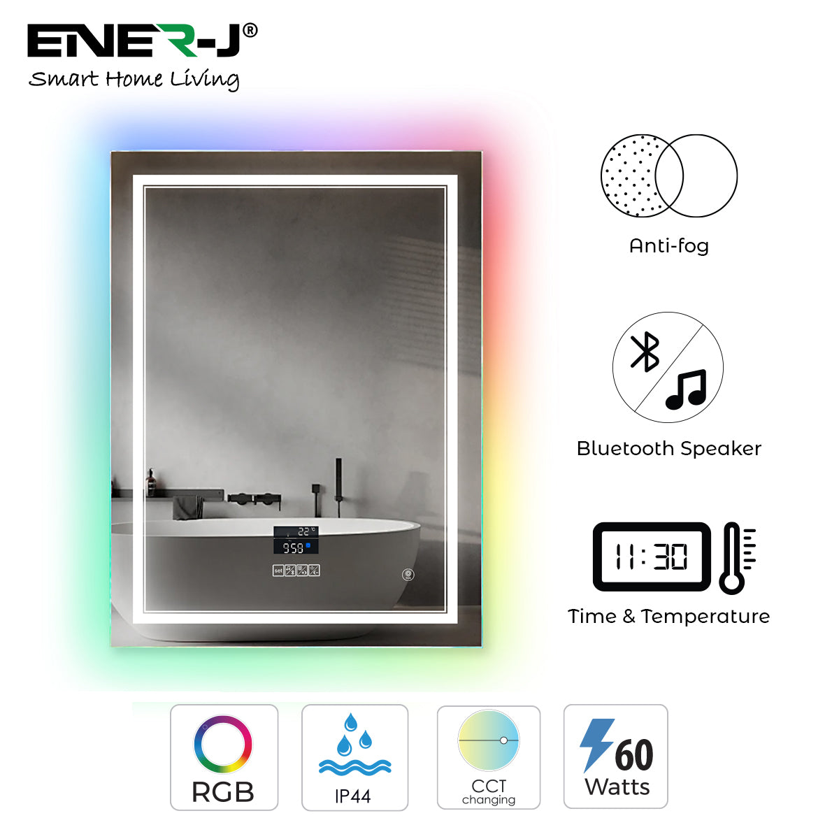 LED Bathroom Mirror with Bluetooth Speaker & RGB Border, CCT Lighting, Anti-Fog, Touch Control, IP44 Waterproof, Concealed Heated Demister Smart Rectangular Shape Vanity Mirror for Makeup