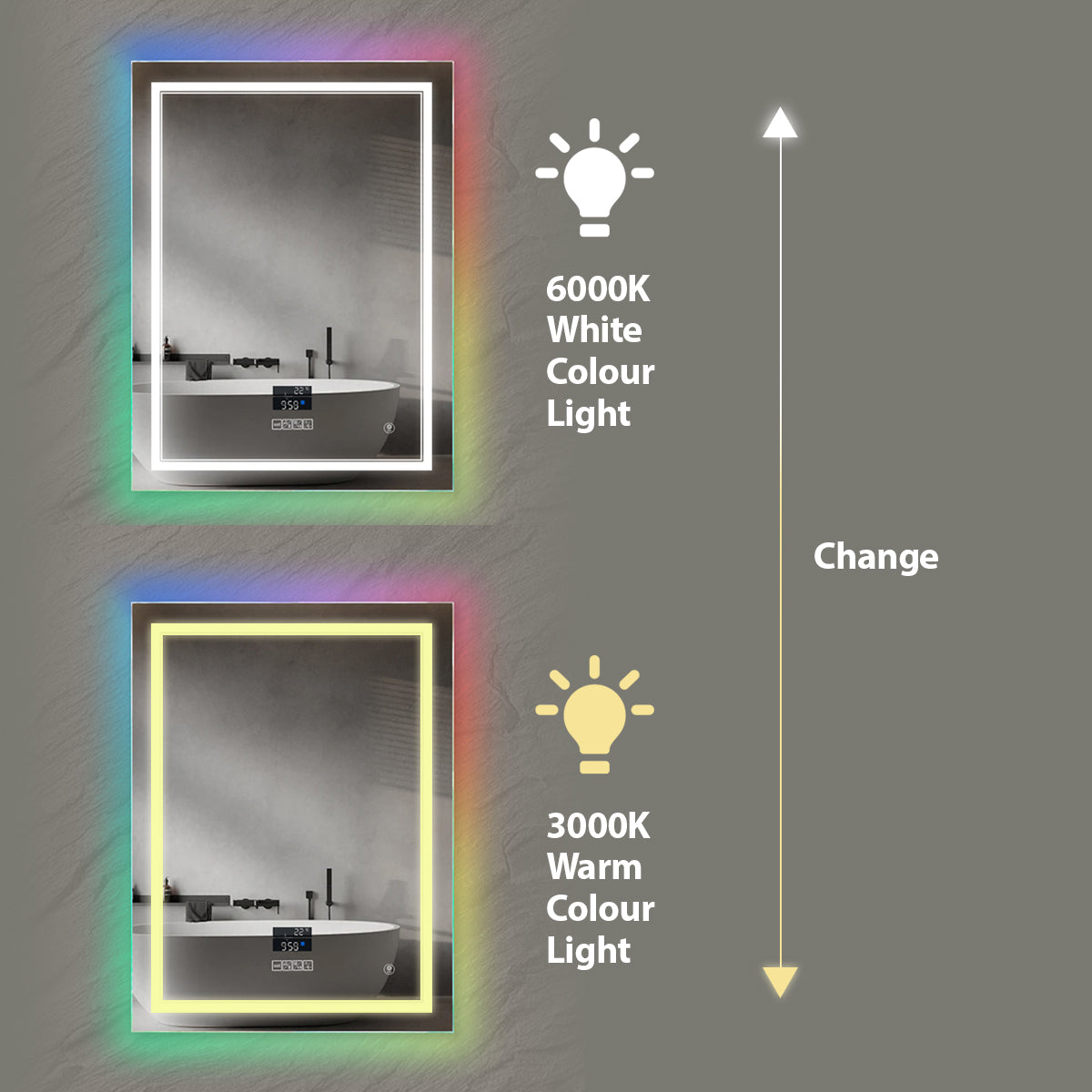 LED Bathroom Mirror with Bluetooth Speaker & RGB Border, CCT Lighting, Anti-Fog, Touch Control, IP44 Waterproof, Concealed Heated Demister Smart Rectangular Shape Vanity Mirror for Makeup