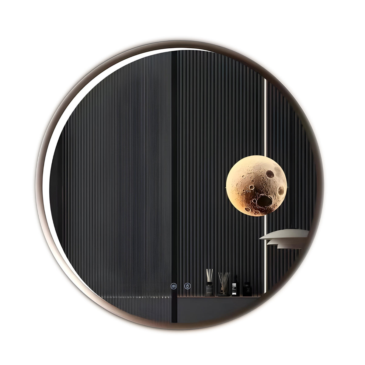 Round Aluminum LED Mirror with Moon Design - 70cm Diameter, Dimmable & CCT Adjustable Lighting