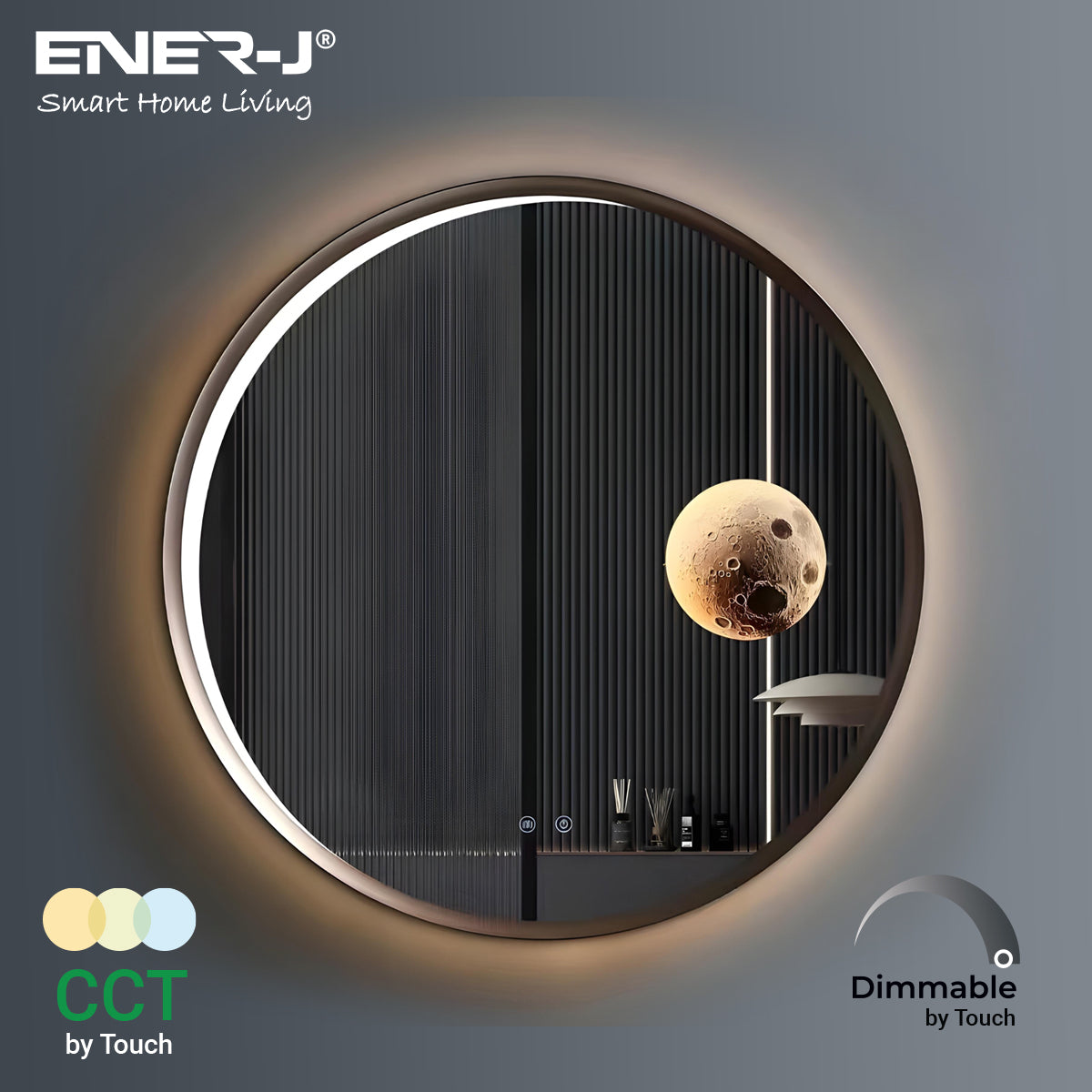 Round Aluminum LED Mirror with Moon Design - 70cm Diameter, Dimmable & CCT Adjustable Lighting