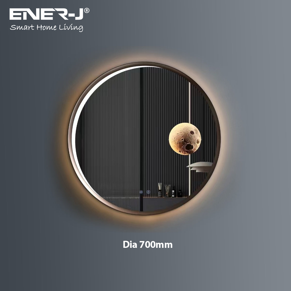 Round Aluminum LED Mirror with Moon Design - 70cm Diameter, Dimmable & CCT Adjustable Lighting