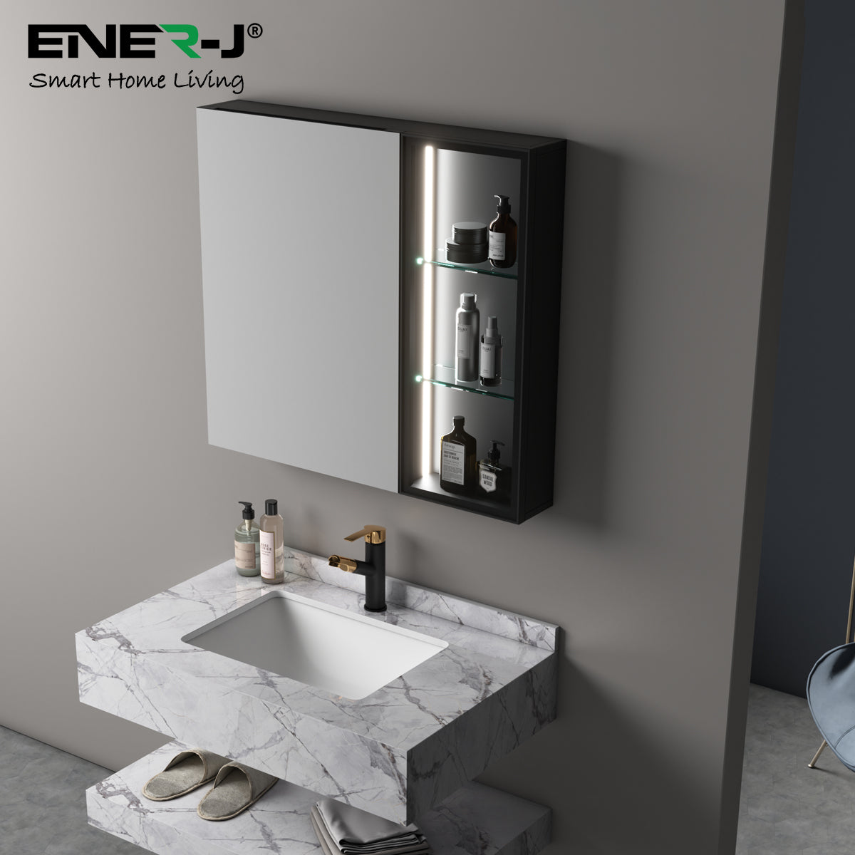 Black Aluminum LED Mirror Cabinet - Sleek Rectangular Design, 75x68 cm