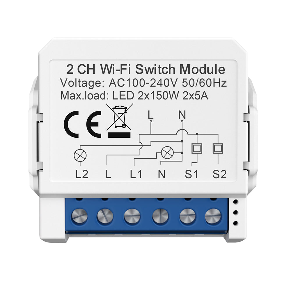 Smart WiFi Light 2CH Switch Module, Convert Any Existing Non-Dimmable Switch to Smart Control via App & Voice, Compatible with Alexa & Google Assistant
