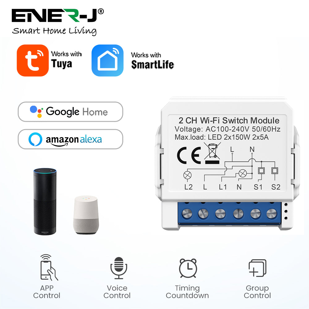 Smart WiFi Light 2CH Switch Module, Convert Any Existing Non-Dimmable Switch to Smart Control via App & Voice, Compatible with Alexa & Google Assistant