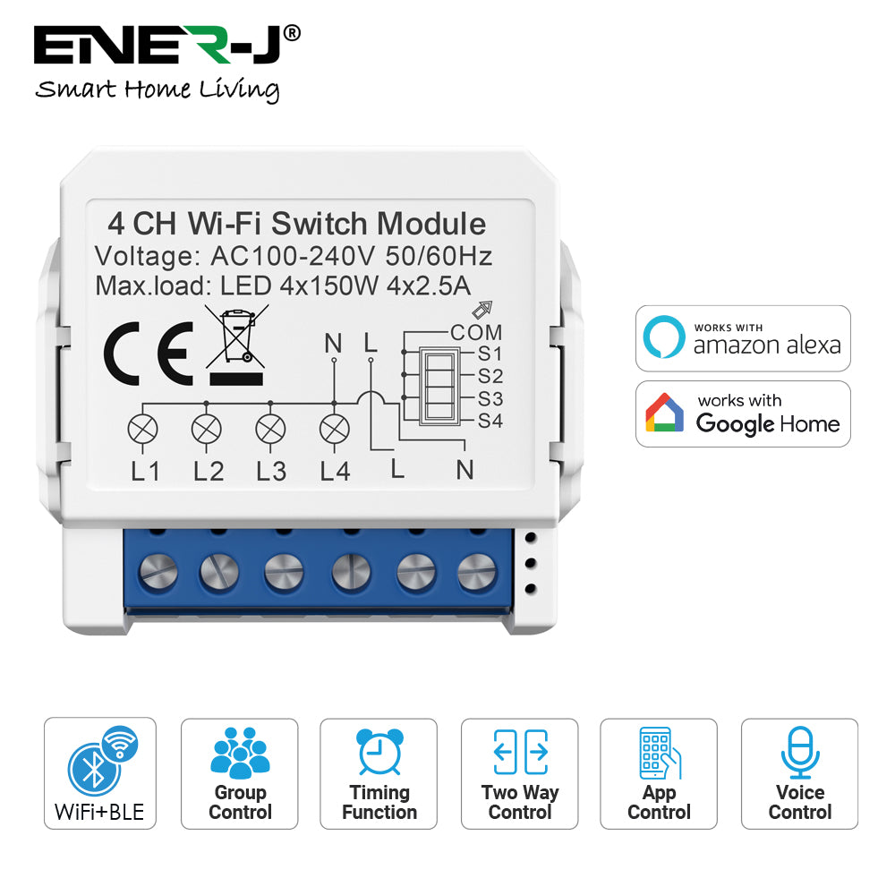 Smart WiFi Light 4CH Switch Module to  Convert Any Existing Non-Dimmable Switch to Smart Control via App & Voice, Compatible with Alexa & Google Assistant