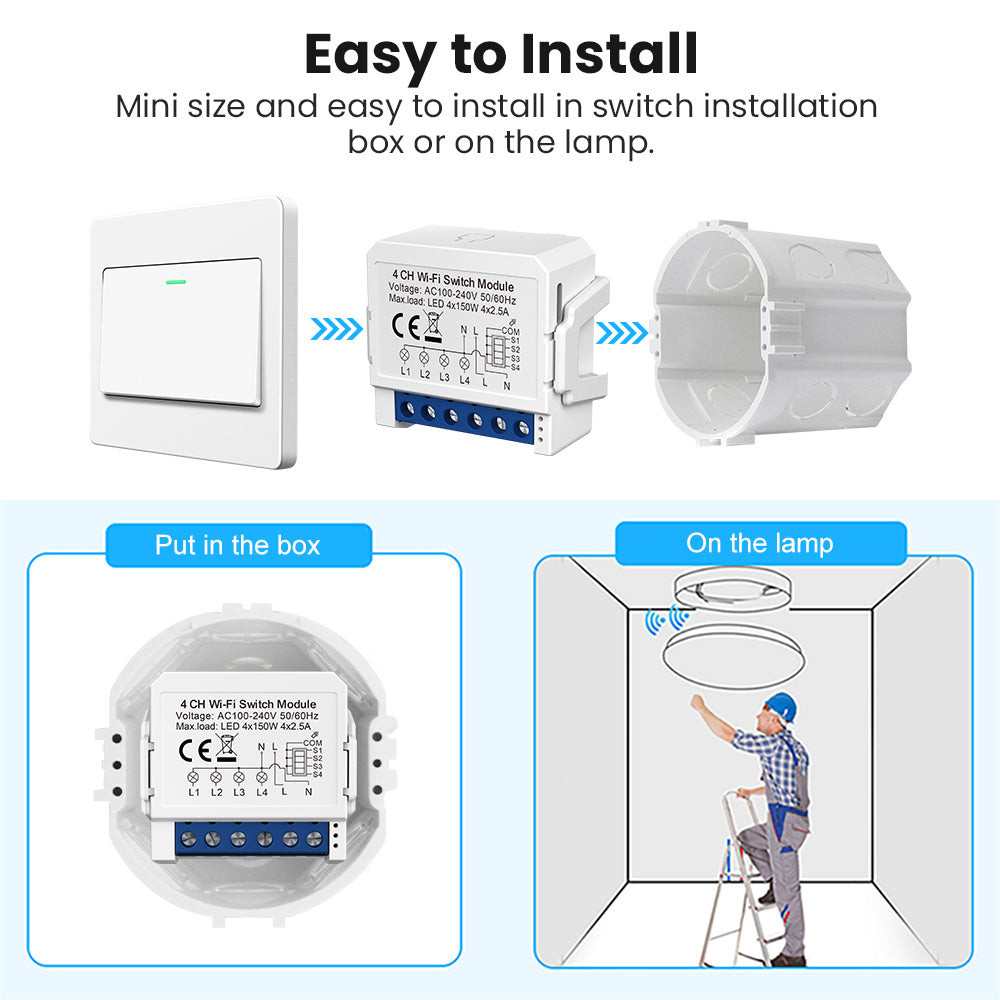 Smart WiFi Light 4CH Switch Module to  Convert Any Existing Non-Dimmable Switch to Smart Control via App & Voice, Compatible with Alexa & Google Assistant
