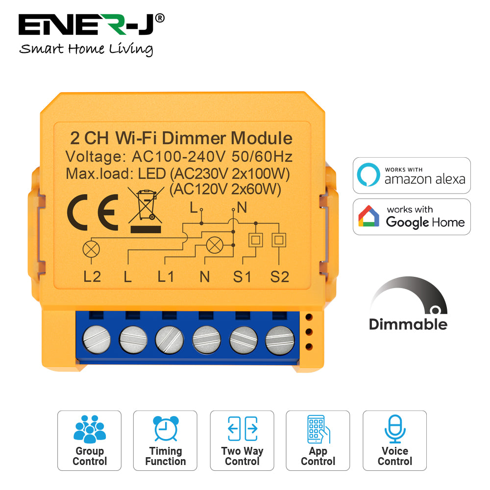 ENER-J Smart WiFi 2 Gang Dimmable Switch Module, Ultra-Mini, 100% LED Dimmer with App & Voice Control, Dual-Way Upgrade, Smart Life/Tuya Compatible