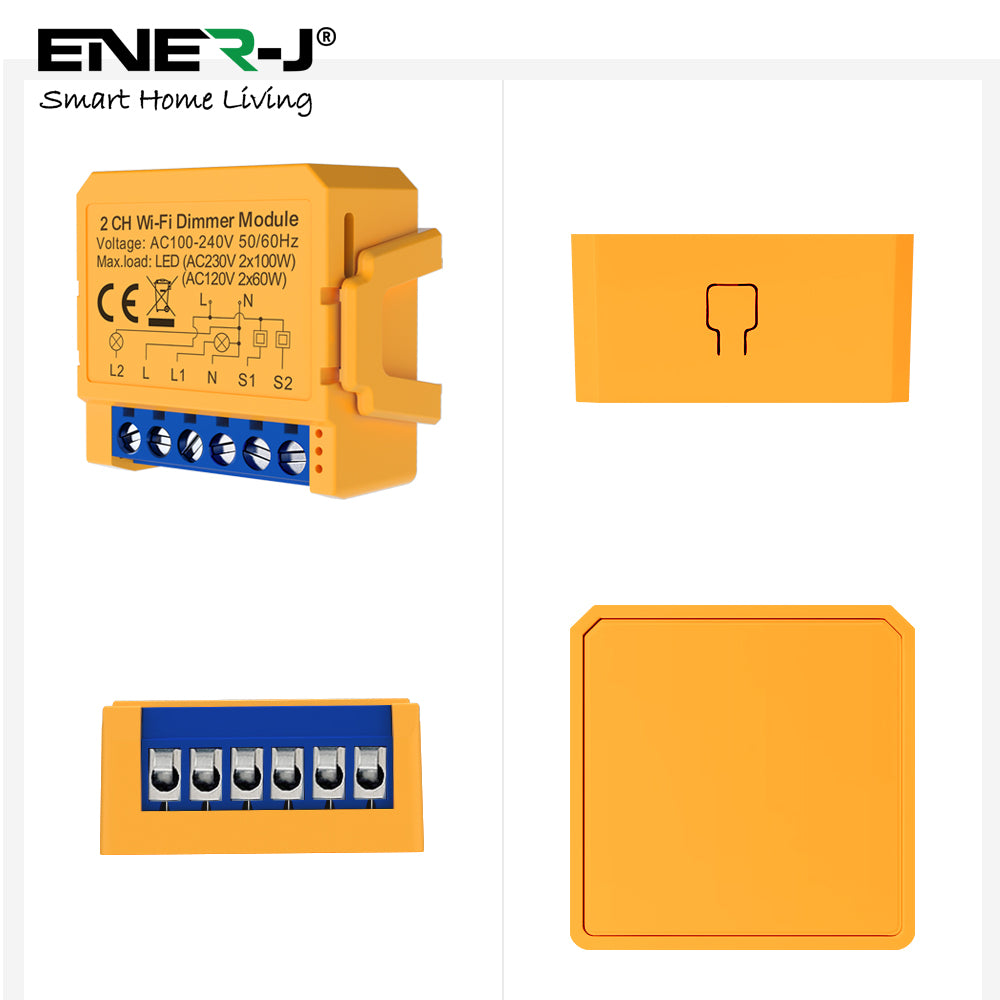 ENER-J Smart WiFi 2 Gang Dimmable Switch Module, Ultra-Mini, 100% LED Dimmer with App & Voice Control, Dual-Way Upgrade, Smart Life/Tuya Compatible