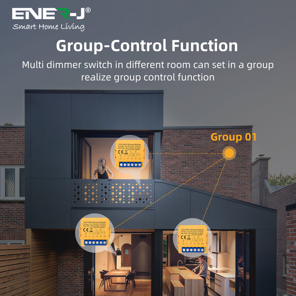 ENER-J Smart WiFi 2 Gang Dimmable Switch Module, Ultra-Mini, 100% LED Dimmer with App & Voice Control, Dual-Way Upgrade, Smart Life/Tuya Compatible