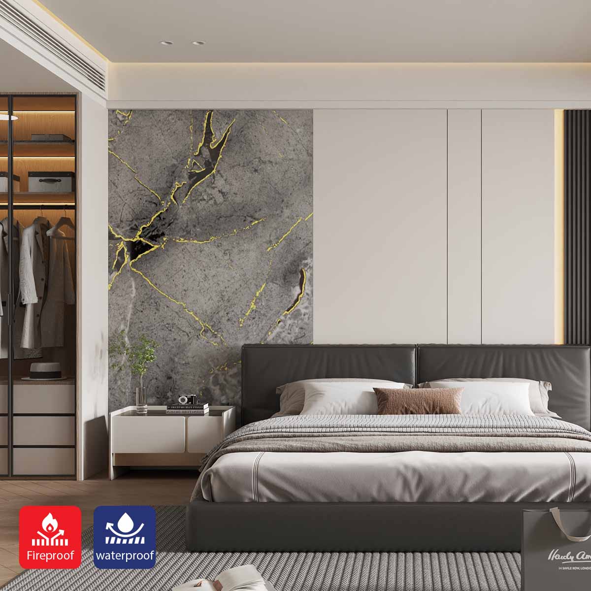 High-Gloss PET Charcoal Panel with Gilded Gray Marble Design Size:1220 x 2440 x 8 mm (Pack of 2)