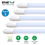 Ener-J 5-Pack 4ft (120cm) T8 LED Nano Plastic Tubes, 18W, CCT Switchable (3000K/4000K/6000K), Shatterproof