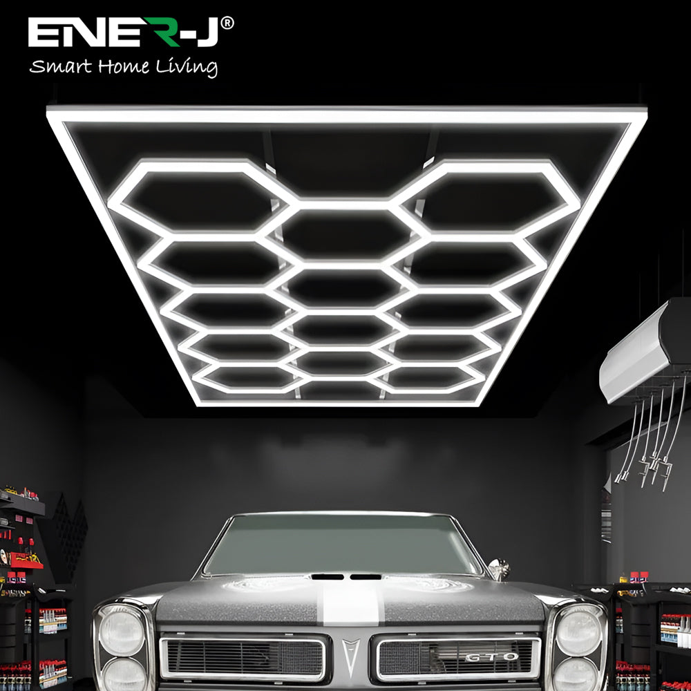 Ener-J 600W Hexagon LED Garage Ceiling Light, 14 Hexagon Frame Design, CCT Switchable 3000K–6000K, Commercial Showroom Lighting