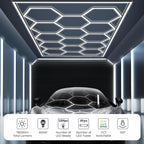 Ener-J 600W Hexagon LED Garage Ceiling Light, 14 Hexagon Frame Design, CCT Switchable 3000K–6000K, Commercial Showroom Lighting
