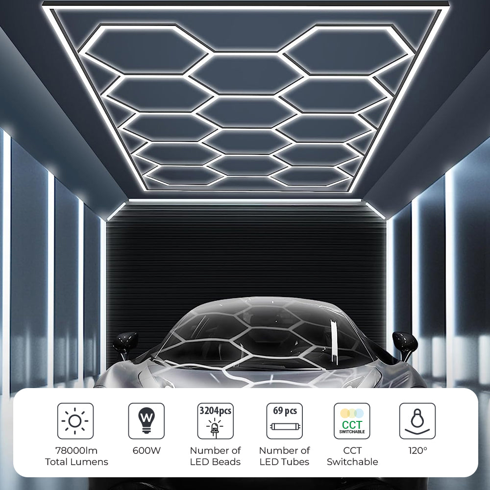 Ener-J 600W Hexagon LED Garage Ceiling Light, 14 Hexagon Frame Design, CCT Switchable 3000K–6000K, Commercial Showroom Lighting
