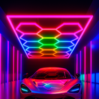 Ener-J 255W Hexagon RGBIC LED Garage Ceiling Light, 14 Hexagon Frame Design, Remote Control Showroom Kit