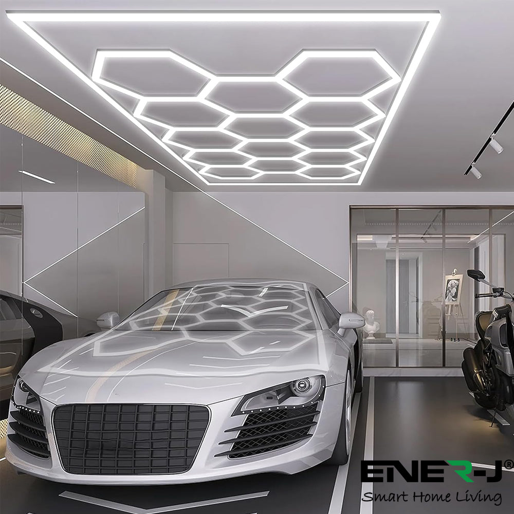 Ener-J 600W Hexagon LED Garage Ceiling Light, 69 T5 Tubes, 6500K Daylight, Modular Showroom Lighting System