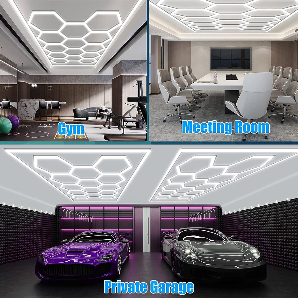 Ener-J 600W Hexagon LED Garage Ceiling Light, 69 T5 Tubes, 6500K Daylight, Modular Showroom Lighting System