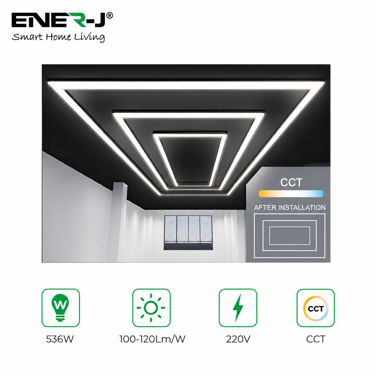 Ener-J 536W Designer LED Ceiling Light with Double Inner Frame & Border, CCT Switchable 3000K–6500K, Modular Lighting