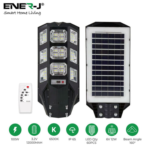 100W Solar Streetlights 6500K with 6V 12W Solar Panel & 12000 mAh Battery & Remote