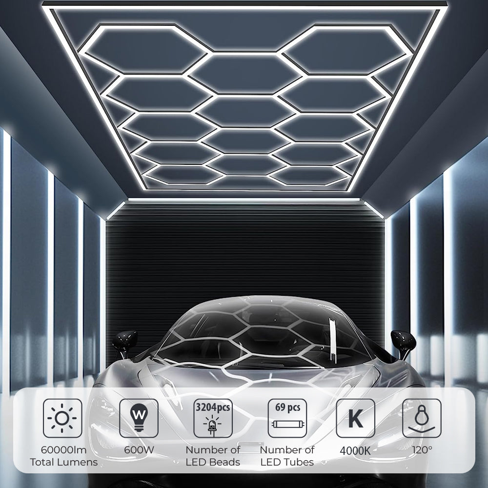 600W Car Showroom Light 440mm*23.6mm *38.1mm(57pcs)+1175mm*23.6mm *38.1mm(12pcs),PC T5 Tubes, 4000K, 100-120lm/W