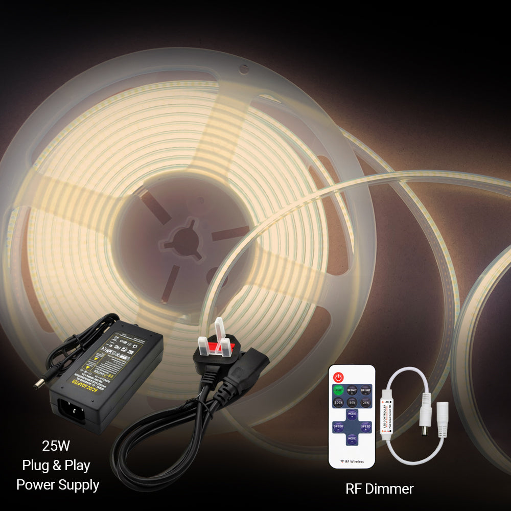 5m LED COB Strip 480L/M 24V, 4000K with RF Dimmer and 25W Plug & Play Power Supply
