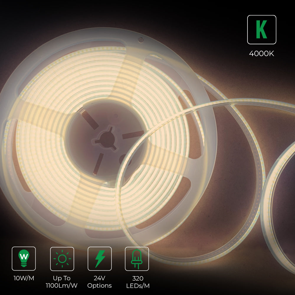 5m LED COB Strip 480L/M 24V, 4000K with RF Dimmer and 25W Plug & Play Power Supply