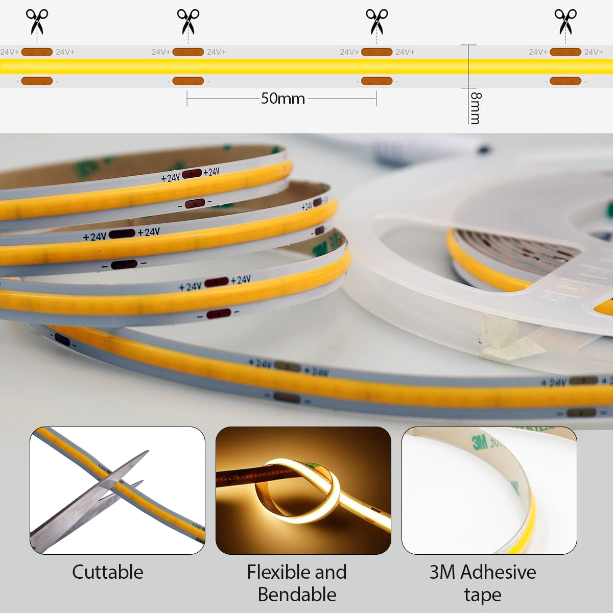 5m LED COB Strip 480L/M 24V, 4000K with RF Dimmer and 25W Plug & Play Power Supply