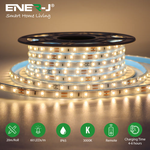 20 Meter Solar Powered LED Strips with Silicon Cover, IP65, 6V 12W Solar Panel with 12000 mAh battery, Remote Included. 3000K