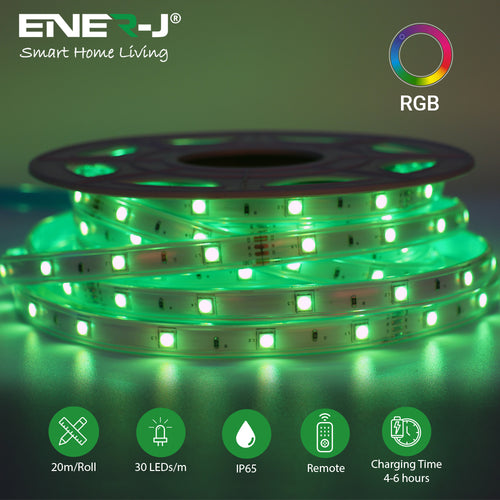 20 Meter Solar LED Strips with Silicon cover, IP65, 6V 12W Solar Panel with 12000 mAh battery, Remote Included. RGB